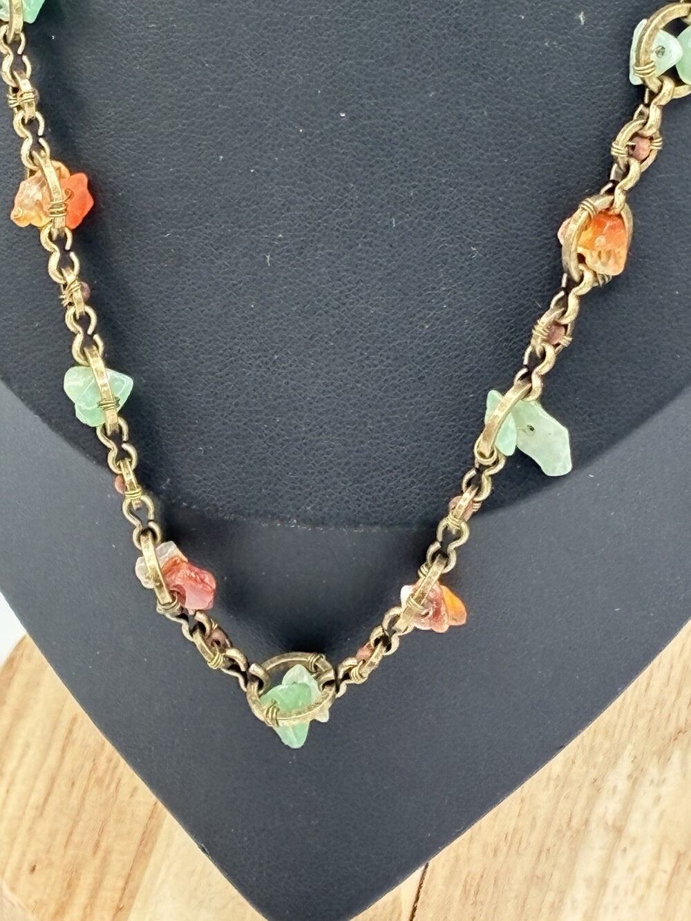 Signed 5X Brass Chain Necklace Wire Wrapped Carnelian Aventurine Stone Chips 16"